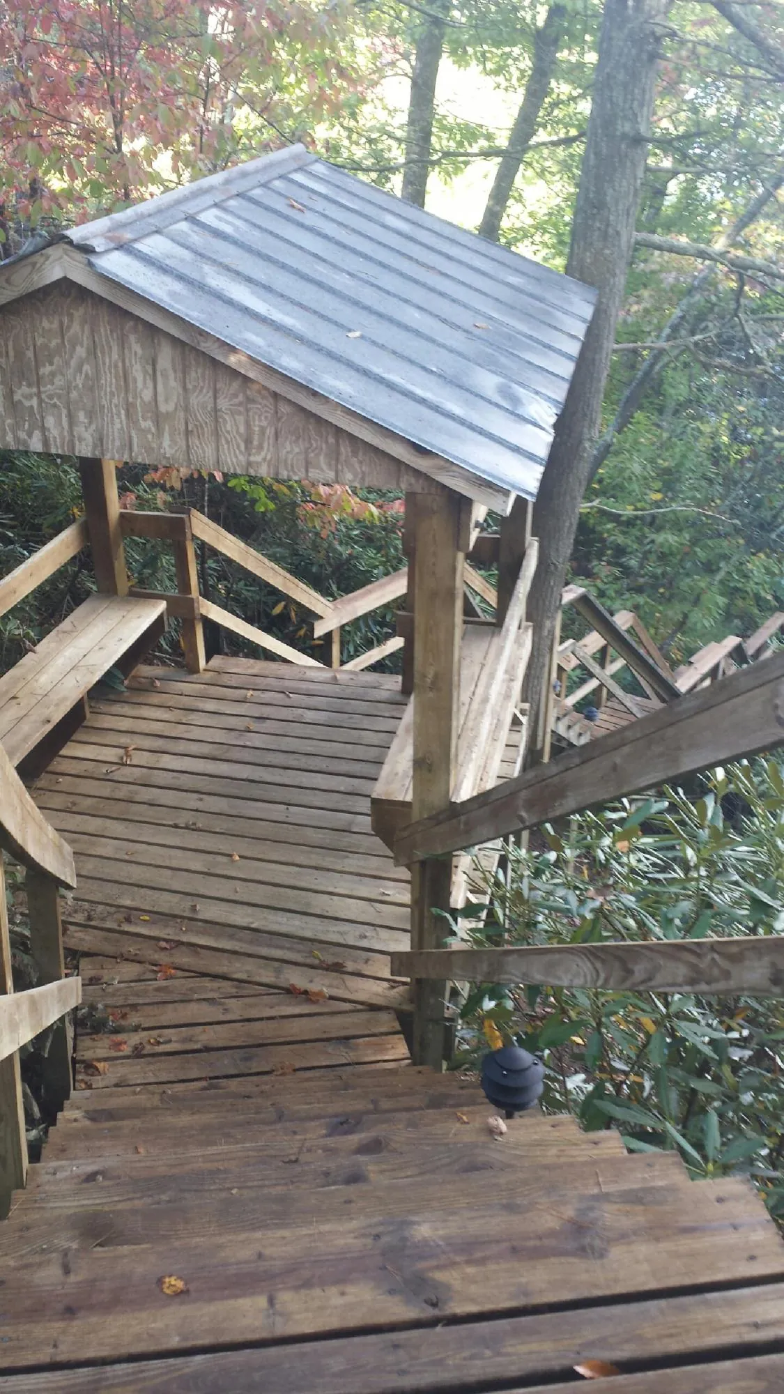 Metal roofed shelter over wooden steps on a wooded walkway — Skylight Repair & Installation work by our crew in Leonardo
